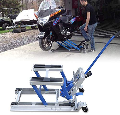 Motorcykellyftare, motorcykellyft, hydraulisk minilyft, lämplig för alla motorcykeltyper, maximal belastning 680 kg, motorcykellyft, rengörings- och underhållshjälpmedel, blå