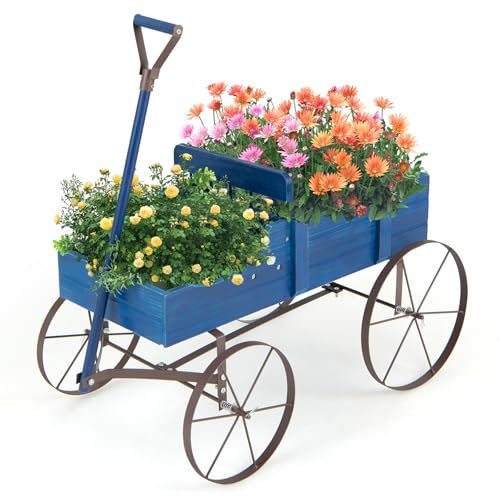 HOMASIS Brouette en Bois pour Plantes, Chariot de Jardin avec Roues en Métal et 2 Compartiments, Jardinière en Forme de Monocycle Décoratif pour Jardin, Terrasse, Patio, 63 x 35 x 62,5 cm (Bleu)