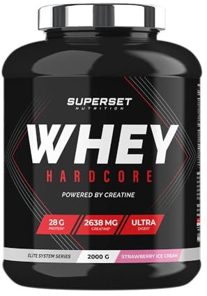 Superset Nutrition - Whey Hardcore (2kg) - Combo explosif de Whey, Créatine et Taurine Zinc et Vitamine D3 - Plus d'intensité dans les entraînements, Digestion optimisée - Strawberry Ice Cream