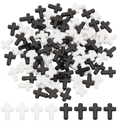 HOBBIESAY 100 cuentas de cruz acrílicas de 2 colores de 16 mm, cuentas de cruz blancas y negras a granel, pequeñas cruces, espaciadoras, cuentas sueltas para manualidades, pulseras, llaveros, joyería,