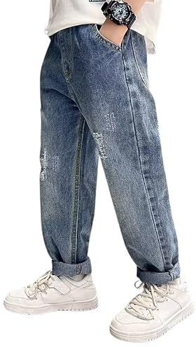 Rolanko Jeans Strappati in Vita Elasticizzata per Ragazzi, Pantaloni in Denim retrò con Design a Gamba Affusolata con Tasche per vestibilità per Bambini, Blu SmallHole, Taglia: 170