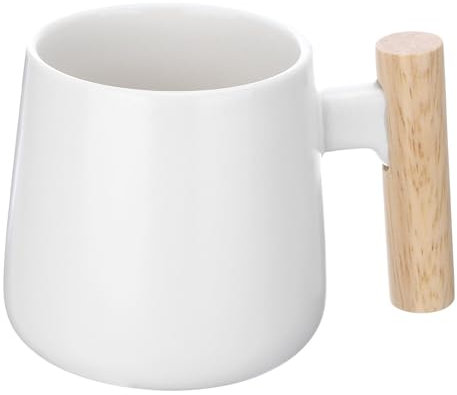 QUARKZMAN Taza de Café de Cerámica de 12.85 Oz con Asa de Madera Simple, Tazas de Café Grandes Hechas A Mano de Cerámica para Té, Café, Sopa para Oficina, Hogar y Regalos, Blanco