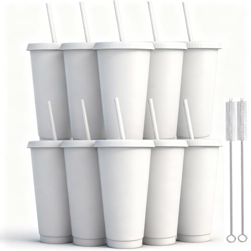 Yisituo 10 stycken drickkoppar med lock och sugrör, 710 ml återanvändbara plastmuggar med för smoothies, kaffe, fest och resor (10, vit)