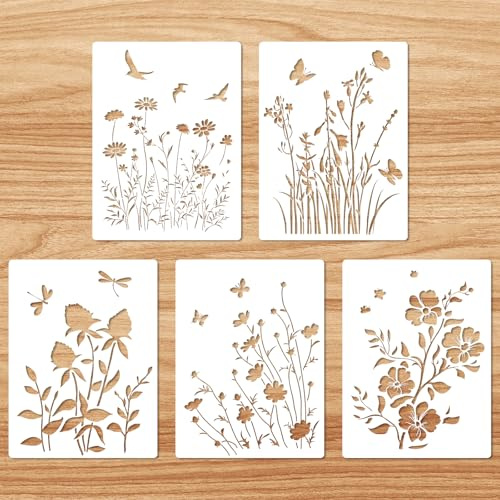 5uds Plantilla Flores Silvestres Grandes, Plantillas Reutilizables de Hojas y Florales Plantillas Mariposas Plantas Vívidas para Pintar Sobre Madera Manualidades Lienzo Pared (Estilo A)