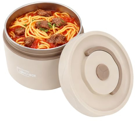 Hapivida Contenedores de Almuerzo Aislados, 304 Acero Inoxidable Doble Capa Lonchera Térmica Caja Almuerzo con Tapa Redonda Fiambrera Caja Bento Térmica Portátil 550 ml (Microwaveable-Beige)
