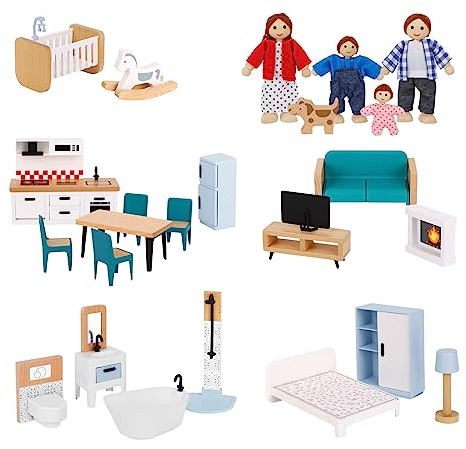 OOOK Wooden Dolls House Furniture Set, 26 Pcs Doll House Accessories with 4 Family Dolls and Dog, Miniature Dollhouse Furniture Toys Pretend Play Set for Girls Boys Age 3+