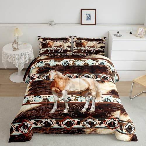 Feelyou Horse Kids Comforter Set Toddler Size Cowhide Cow Print Retro Fur Bedding Set Boho Rustic Farmhouse Style Duvet Quilt Bedroom Exotic Geometric Decor Western Aztec TribalUltra Soft