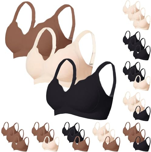 Uwdiohq Lot de 3 Soutien Gorge Femme sans Armature Brassiere avec Coussinets Col en V Bralette Coutures Brassière Maintien Soutien-Gorge Grande Taille Glamorise Triangle 5XL Bleu Marine De Chair