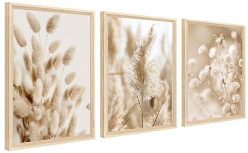 3 st inramad kanvas väggkonst botanisk vildblomma kanvastryck beige Pampas gräs salvia blommiga bilder för vardagsrum sovrum kök hall väggdekor 120 x 60 cm (16 tum x 24 tum x 3 st) (inget plexiglas)