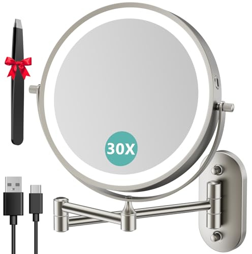 Auxmir Specchio Trucco con Ingrandimento 30X/1X, Specchio da Parete a 54 LED 3 Colori di Luce, Specchio Estensibile, Rotazione a 360°, Alimentato da Batterie Ricaricabile 3200mAh, per Bagno Hotel Spa