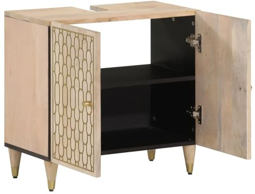 Gecheer Mobile Lavabo da Bagno in Legno di Mango, Ampio Spazio Portaoggetti, Piano d'Appoggio, Piedini in Legno, per Arredamento Moderno