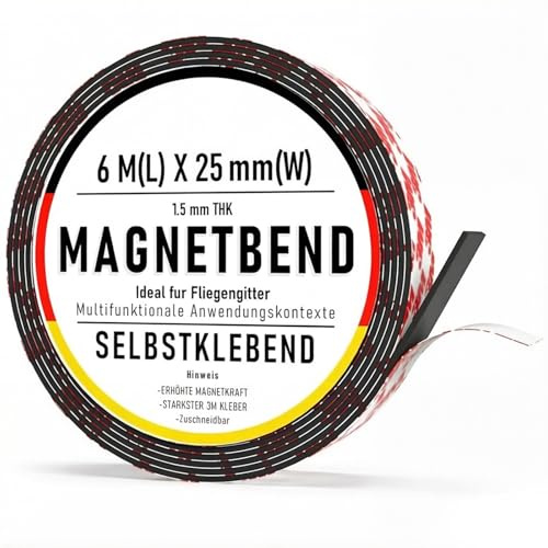 NogmeTaa Rouleau de bande magnétique avec dos autocollant (25 mm x 6 m) - Bande magnétique flexible - Pour tableaux blancs de cuisine, garage et réfrigérateur