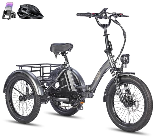 Fafrees Triciclo Eléctrico F20 Mate para Adultos, Plegable 20 x 3, Batería de 48 V/20 Ah, Frenos Hidráulicos, Triciclo de Carga Eléctric 250W, Alcance 115km (Gris, Cesta estándar)