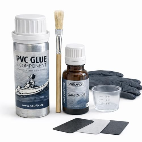 NEUFIX Kit Riparazione PVC Professionale – Colla PVC Bicomponente per Gommoni, SUP, Kayak e Gonfiabili – Include Toppe, Pennello, Bicchiere, Guanti e Salvietta
