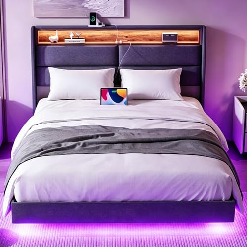 HAUSPROFI Cama Flotante con Almacenamiento, Luces LED y Cabecero con Espacio de Almacenaje, Acabado en Lino, Somier Estable, Colchón No Incluido (Gris, 160 * 200)