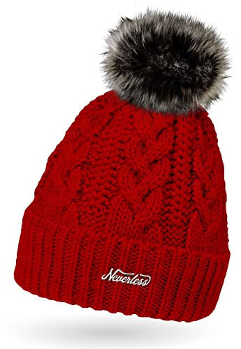Neverless® Damen Strickmütze Zopfstrickmuster Bommelmütze gefüttert mit Fleece Wintermütze Model 1979 Rot Unisize