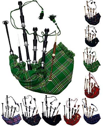 Schottischer Dudelsack in voller Größe, Palisanderholz oder schwarzes Finish, mit silberfarbenen Halterungen, inklusive Anleitungsbuch, Tragetasche, Drohne, Schilfrohrblätter (Schwarz, National Green)