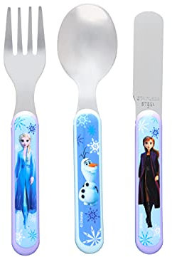 Disney Frozen II 3-teiliges Besteckset – Metall, wiederverwendbares Kindermesser, Gabel & Löffel, Kindergröße, aus lebensmittelechtem Edelstahl & ABS-Kunststoff – mit Elsa, Anna & Olaf – ab 36 Monaten