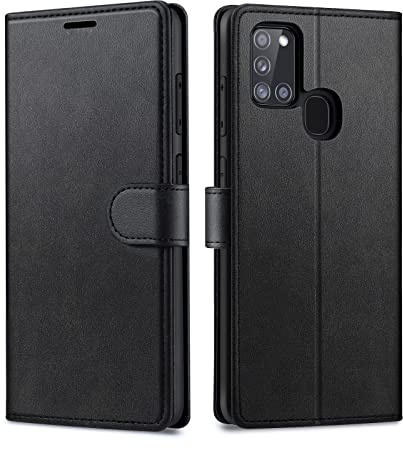 Focusor Kompatibel med Samsung Galaxy A21S fodral – läder Flip Case stativ PU plånbok skyddande fodral, svart