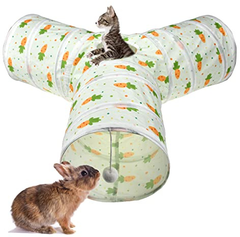 Vehomy Bunny Rabbit Tunnels Rabbit Cat 3 Way Collapsible Tunnel with Cute Carrot Patterns Small Pet Hideout Activity Tunnel Tube Toy for Bunny Kitten Cat Dwarf Guinea Pig Y Shape