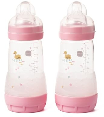 MAM Easy Start Anti-Colic Baby Bottles | 2 Pack (2 x 260ml) | Self-Sterilising Baby Milk Bottle | Medium Flow MAM Teat Size 2 | Newborn Essentials | Pink (Various Designs)