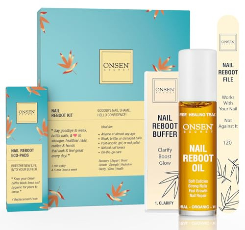 Onsen Secret Japanese Nail File Buffer and Shine Kit - Professional Nail File, 3-Way Nail Buffer Block w/Free Replacement Pads & Nail Strengthening Reboot Oil for Healthy Nails, Nail Reboot Kit, 1pk