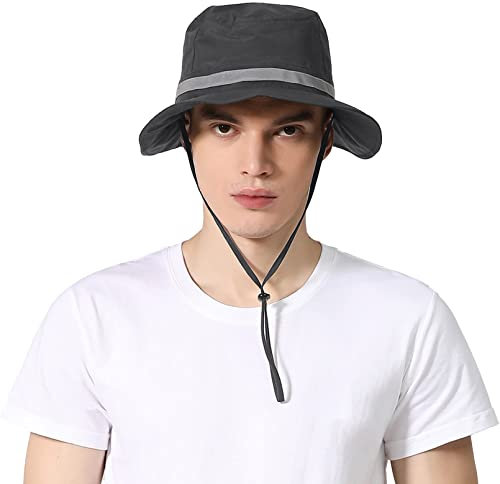 Huakunda Herren Wasserdichter Bucket Hut Schnell Trocknend UV Schutz Faltbar Regenhut Sonnenhüte Wandern Reisen Angeln (Dunkelgrau)