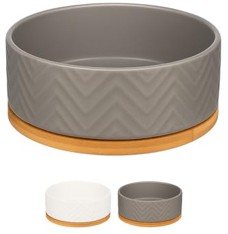 Flamingo Ciotola per Cibo e Acqua Bianco – Rotonda – Grigia – 990 ml – in Ceramica con Supporto in Bambù – Antiscivolo e Lavabile in Lavastoviglie