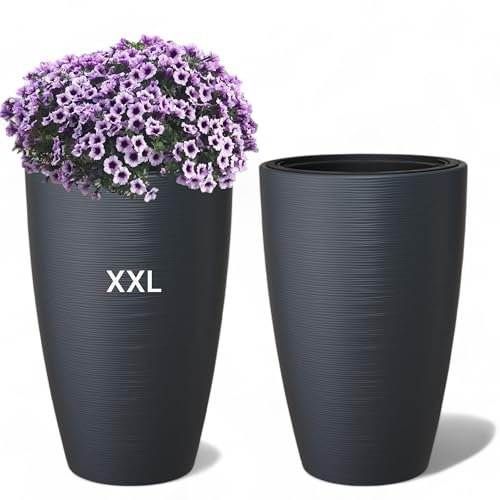 MELTOM Blumenkübel Blumentopf Pflanzkübel mit Herausnehmbaren Einsatz Rund horizontale Streifen (Anthrazit, XXL-58cm)