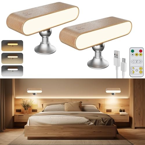 Wandleuchte Innen, 2 Stück Holz LED Wandleuchten mit Akku, 3 Farbmodi Stufenlos Dimmbar Touch Control, 360° Drehbare Kabellos Wandlampe mit Remote, Wand-Leselampe für Schlafzimmer am Nachttisch