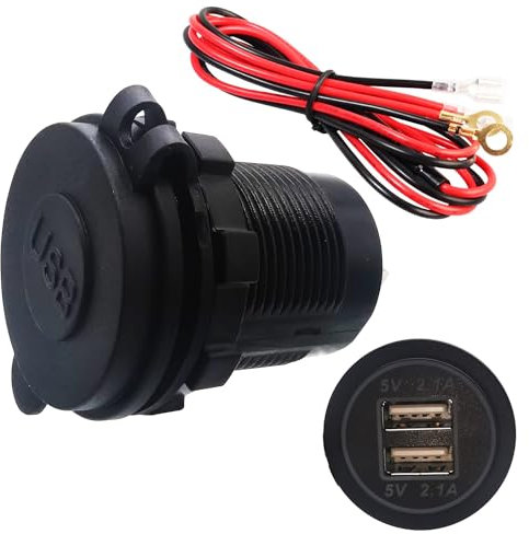 Presa USB per Auto, Dujelixa Dual 5V/2.1A USB rosso Impermeabile 12v Presa, Caricabatteria per auto con fusibile da 60 cm, Adatto per auto a 12V/24V, motociclette, camper, barche, yacht (1 pezzo)