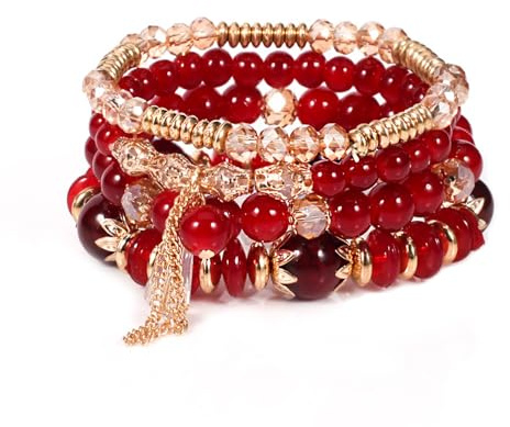 APMGONT Boho Kristall Perlen Armband, 4 Stück Boho Quaste Armbänder für Damen, Natürliches Kristall Heilsteine Armband, Statement Armreifen für Weihnachten, Valentinstag, Geburtstag (Rot)