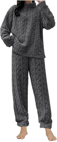 Women's Fluffy Pajamas Set Fleece 2 Piece Sherpa Quarter Zip Pullover Wide Leg Pants Sets Fuzzy Tesst Sleepwear Winter Warm Fur PJs Thickened Plushed Loungewear Nightwear Gray