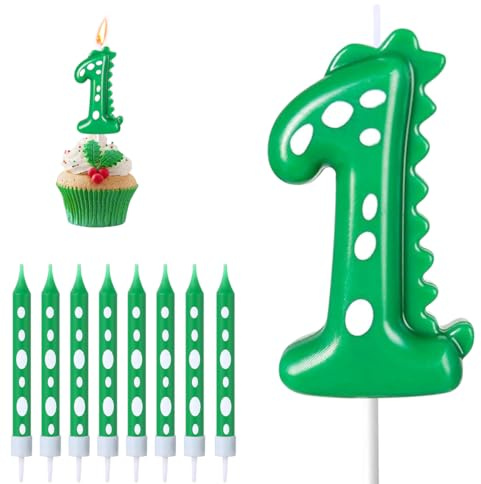 Födelsedagsljus, 1 års 3D-dinosaurieljus, födelsedagsljus, gröna sifferljus, med 8 subtila ljus, tårtljus, nummer för barn, dinosaurietema, fester och födelsedagar (1)