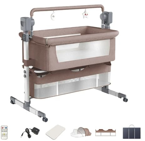 Veitoalioy Electric Bluetooth Smart Next to Me Crib, Bassinet Cradle with Lullaby Music, Baby Bedside Crib for Newborn, Baby Co-sleeper Cot with Mattress, Remote and 5 Swaying Gears (601 Khaki)