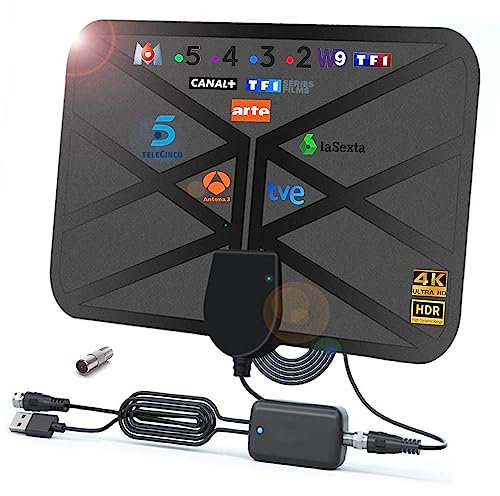 36DBI Antenna TV Interna, 200 km Digitale Antenna DVB-T DVB-T2 con Amplificatore Segnale e Cavo per VHF UHF 1080P 4K FM