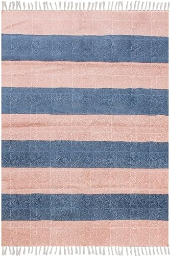 Kelim Teppich, 10,2 x 17,8 cm, gestreiftes Design, Rosa, Blau, handgefertigt, Boho, leicht waschbar, Bodenteppich, handbedruckt, Baumwolle, Flachgewebe, für drinnen und draußen, Wohnzimmer, Esszimmer