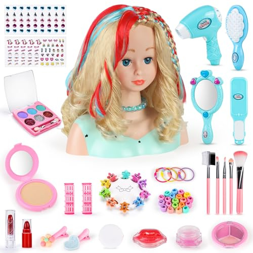BuzzoXerex Children's Hairdressing Head Set, 58 Pieces Hairdressing Head for Girls, Washable, Doll Head for Hairdressing, Children with Hair Accessories, Birthday, Christmas Gifts for 3 Years and Up