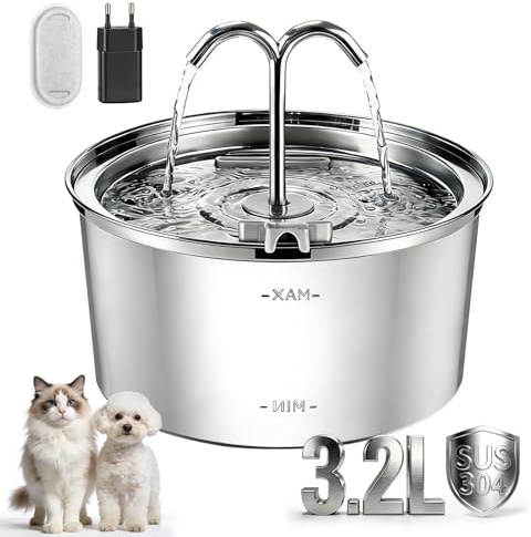 CIOXSOIO Fuente para Gatos Acero Inoxidable, 3.2L Bebedero Gatos Automatico, Silencioso Fuente Gatos, Dispensador Agua Filtración Multicapa con 1 Filtro y 1 Esponja