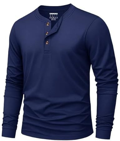 KEFITEVD Henley - Maglietta da Uomo a Maniche Lunghe, in Cotone, a Maniche Lunghe, con Bottoni, Blu Mare, L