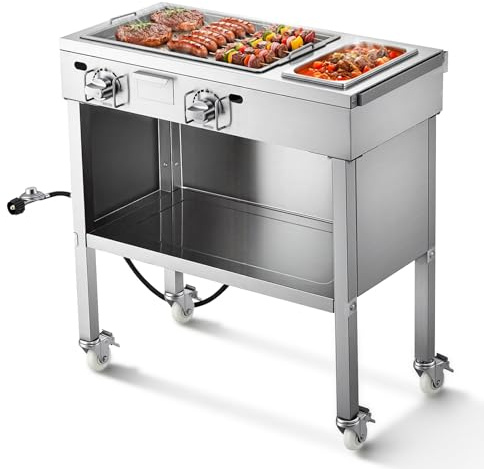 VEVOR Outdoor Propane Griddle, 2 Burners (11,600 BTU Each), Commercial Stainless Steel Gas Griddle Cart with 4 Lockable Wheels, 1/3 Food Pan, Easy-Grip Side Handle, Ideal for Hot Dogs, Burgers & Meats