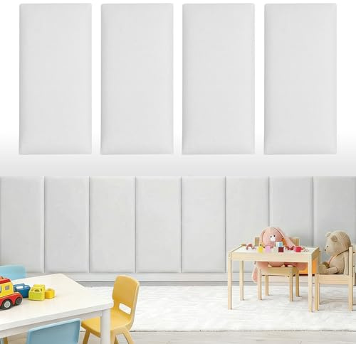 Yunlaishaocer väggpaneler, stoppade set om 4, 40 x 20 cm, självhäftande, rektangulära dekorativa väggpaneler, väggkuddar, väggkuddar för sänghuvuddel, barnrum, sovrum och kontor (vit)