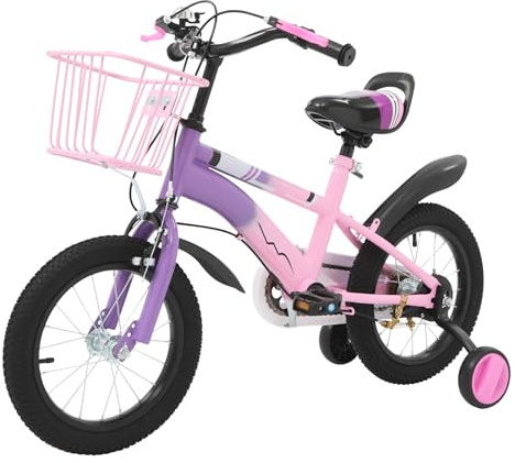 AOAPUMM 14 tums barncykel, flickcykel, pojkcykel med stödhjul, lätt cykel, barncykel för pojkar och flickor, lila/blå (lila)
