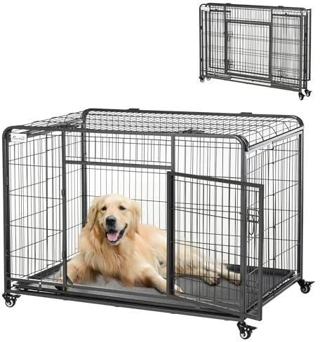 PawHut Jaula para Perros Plegable de Metal Jaula para Perros Grandes 125x76x81 cm con Ruedas y Frenos Bandeja Extraíble y Puerta con Pestillos para Golden Retriver Labrador Gris Oscuro