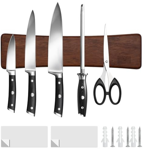 HOSHANHO Knife Magnetic Strip, Acacia Wood Powerful Magnetic Knife Strips, Magnetic Knife Holder for Wall 10 Inch Use as Magnetic Tool Organizer, Home Organizer