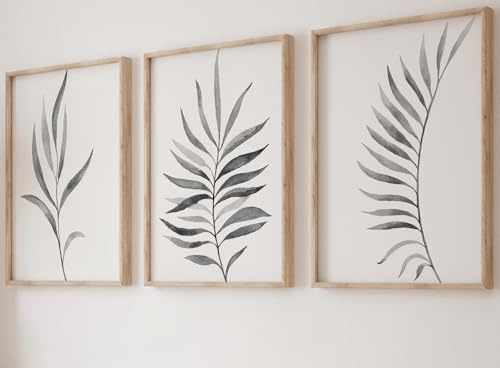 Eviepops Prints Grey Ferns Botanical Leaves Set of 3 Unframed Prints, Abstract Tropical Plant Decor, Living Room Bedroom Bathroom Wall Art Poster Home Decor, Plant Leaves (A4)