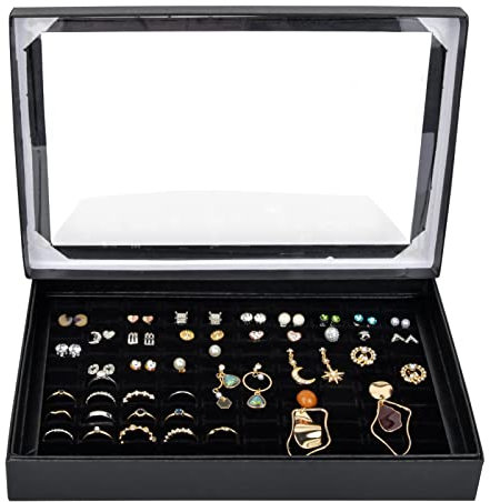 ZYFC Jewellery Box Organiser, 100 Ring Jewelery Display Storage Box Tray Case, Travel Jewelery Storage Case with Clear Lid for Rings Earrings Cufflinks Brooches Necklace Bracelets Girls Women, Black