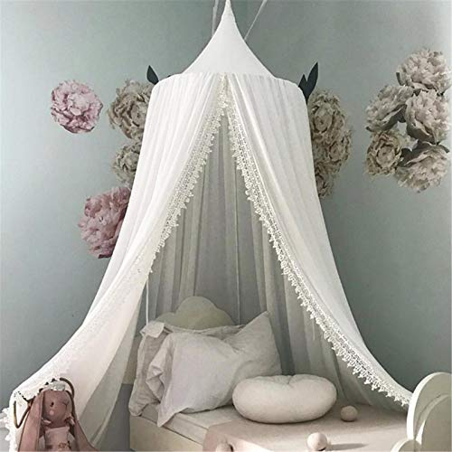 Surwin Ciel de Lit pour Bébé Enfants, Dentelle Moustiquaire Rideau Baldaquin Dôme Princesse Tente de Lit, Princesse Décoration Chambre à Coucher Dressing Lecture Maison de Jeux (Blanc)