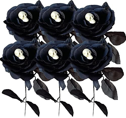 VVHUDA 6 Stück Schwarze Halloween-Rosen, künstliche Seidenrosen mit Totenkopfkopf, Kunstseide-Rosensträuße, DIY-Blumenarrangements für Zuhause, Horror-Halloween-Blumendekoration small Gift