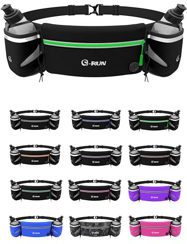 Hydration Running Belt with 2x10oz Bottles - Water Belts for Woman and Men - iPhone Belt for Any Phone Size - Fuel Marathon Waist Pouch for Runners - Jogging Cycling Biking